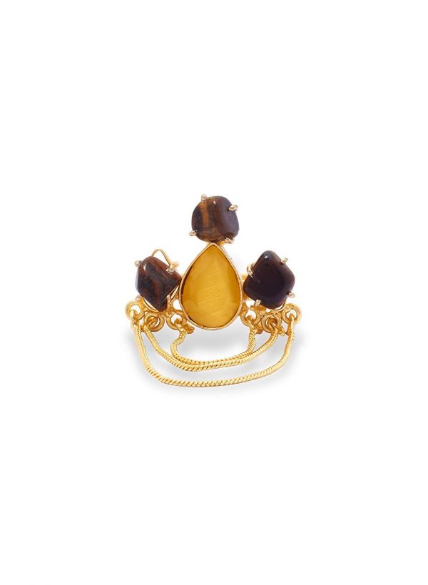 ACCESSHER Tiger's Eye Stone Finger Ring with Chain Tassels for Women