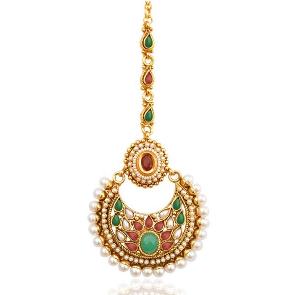 Adiva Wedding Tika Maroon Green Metal Alloy Maang Tikka for Women